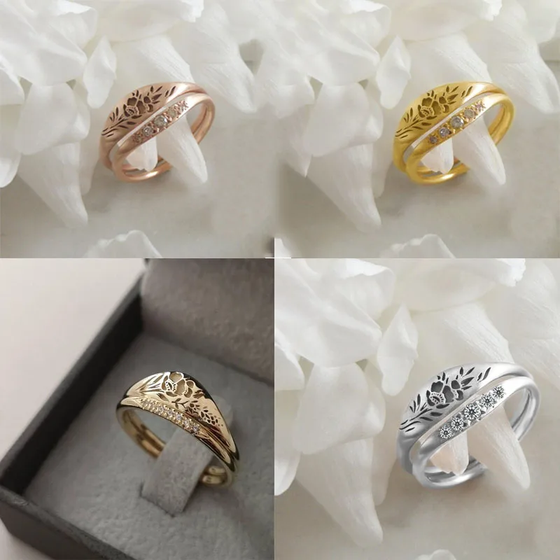 Popular Simple Fashion 2 Pcs/Set 5 Mixed Style Carved Hollow Flower Pattern Copper Female Ring for Women Party Jewelry