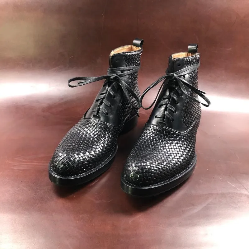 Handmade Weave Cowhide Cowboy Boots Men Vintage Genuine Leather Pointed Toe Motorcycle Bikers Boots Mens Shoes Large Size 37-45