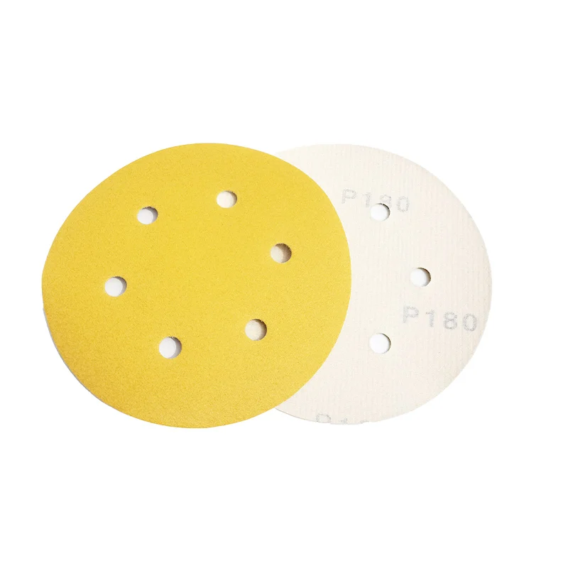 6Inch 6Hole Yellow Flocking Sandpaper Polishing Self-adhesive Polishing Round Wood Putty Air Mill Sandpaper Tray