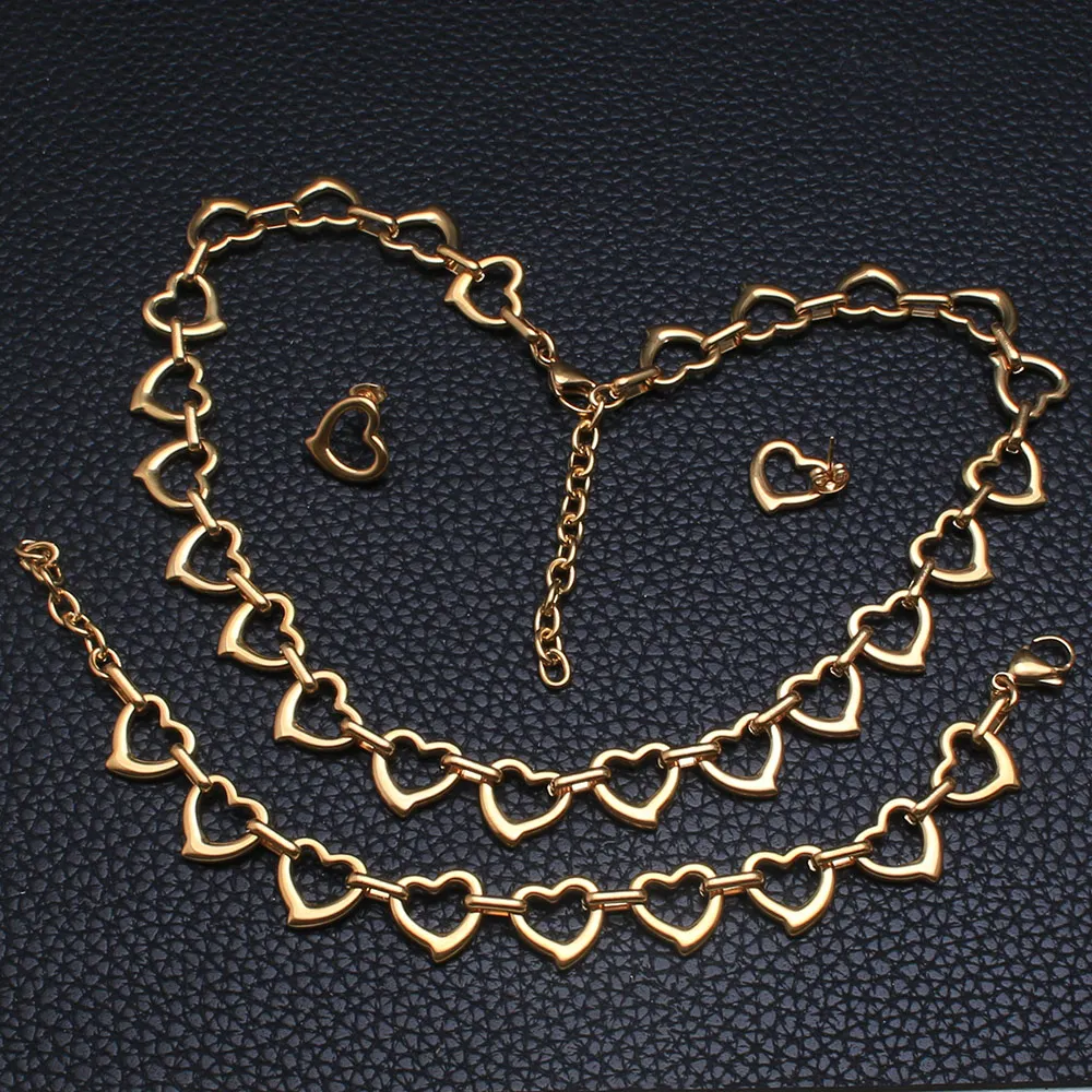 Fashion Stainless Steel Vintage Jewelry Gold Silver Color Plated Bracelet Heart Necklace Earrings Sets For Women SGIKAAADF