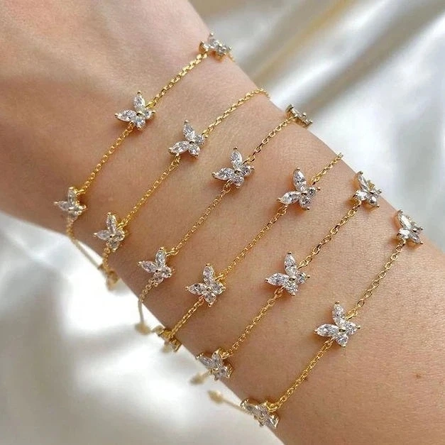 Wholesale Delicate Style Delicacy Cz Thin Chain Sweet Butterfly Sparking Crystal Bracelet Jewelry Women Gold Color Party Gift