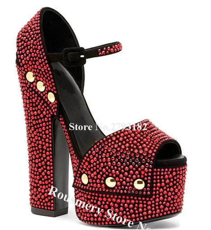 

Bling Bling Rhinestone High Platform Chunky Heel Sandals Red Gold Black Crystal Ankle Strap Thick High Heel Sandals Dress Shoes