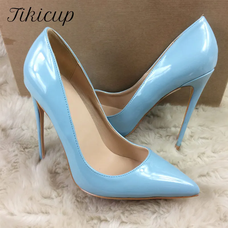 Tikicup Light  Blue Women Patent Stiletto High Heels Classic Style Ladies Formal Dress Shoes Slip On Pointed Toe Party Pumps