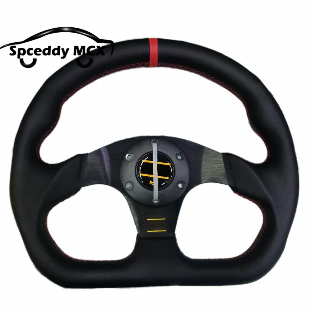 Spceddy 13inch 320mm Car Sports Steering Wheel Really Leather Steering Wheel Hand Sewing Red Line Flat Racing Steering Wheel