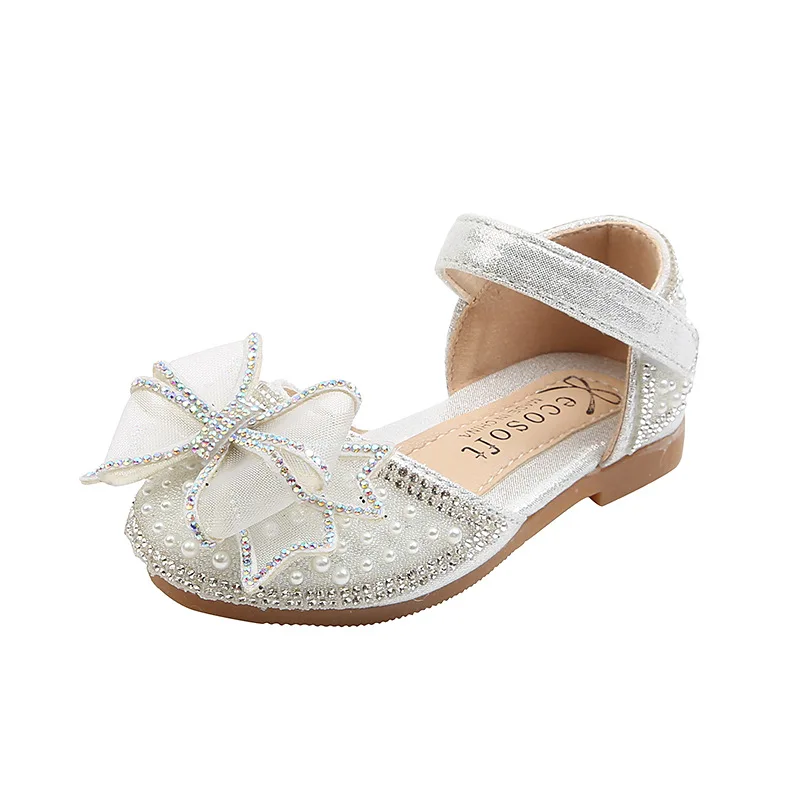 

Girls Beading Bowtie Sandals Princess Pearls Soft Shoes Summer Sweet Kids Glitter Sandals For Party Wedding Show Shoes