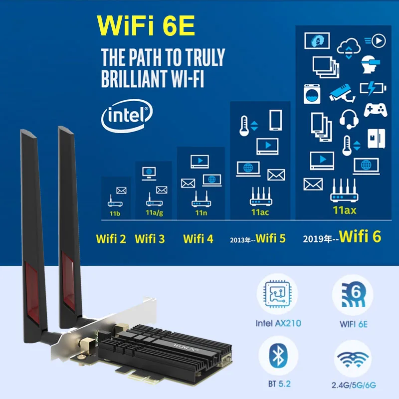 WiFi 6E 3000Mbps Intel AX210 Ax210ngl Bluetooth 5.2 Dual Band 2.4G/5G/6G Kartu WiFi 802.11AX/AC PCIe PCI Express Kartu Jaringan