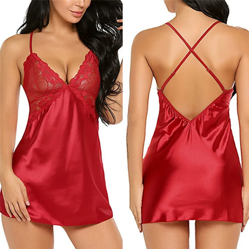 Women Short Satin Sexy Faux Ice Silk Backless Sleepwear Ladies Sexy Lingerie Sleepdress Babydoll Nightdress Nightgown Sleepshirt