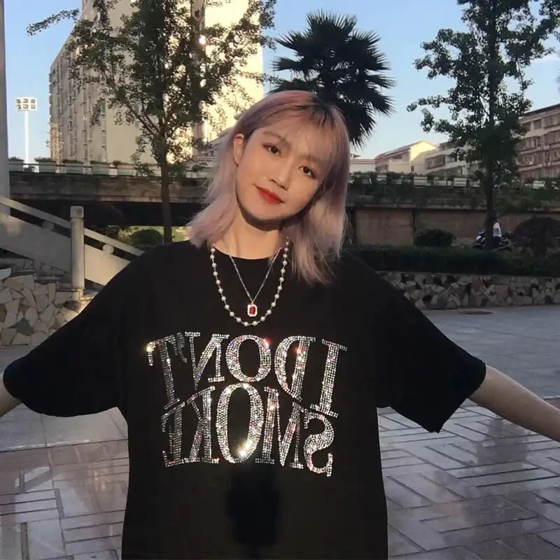 Y2K Fashion Rhinestone couple  Tshirt E-girl Vintage Solid Letter Short Sleeve Black Graphic Man Woman Tees Tops cotton