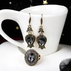 Sunspicems 2020 Gray Big Crystal Drop Earring Ring For Women Antique Gold Color Turkish Vintage Wedding Jewelry Sets Bridal Gift