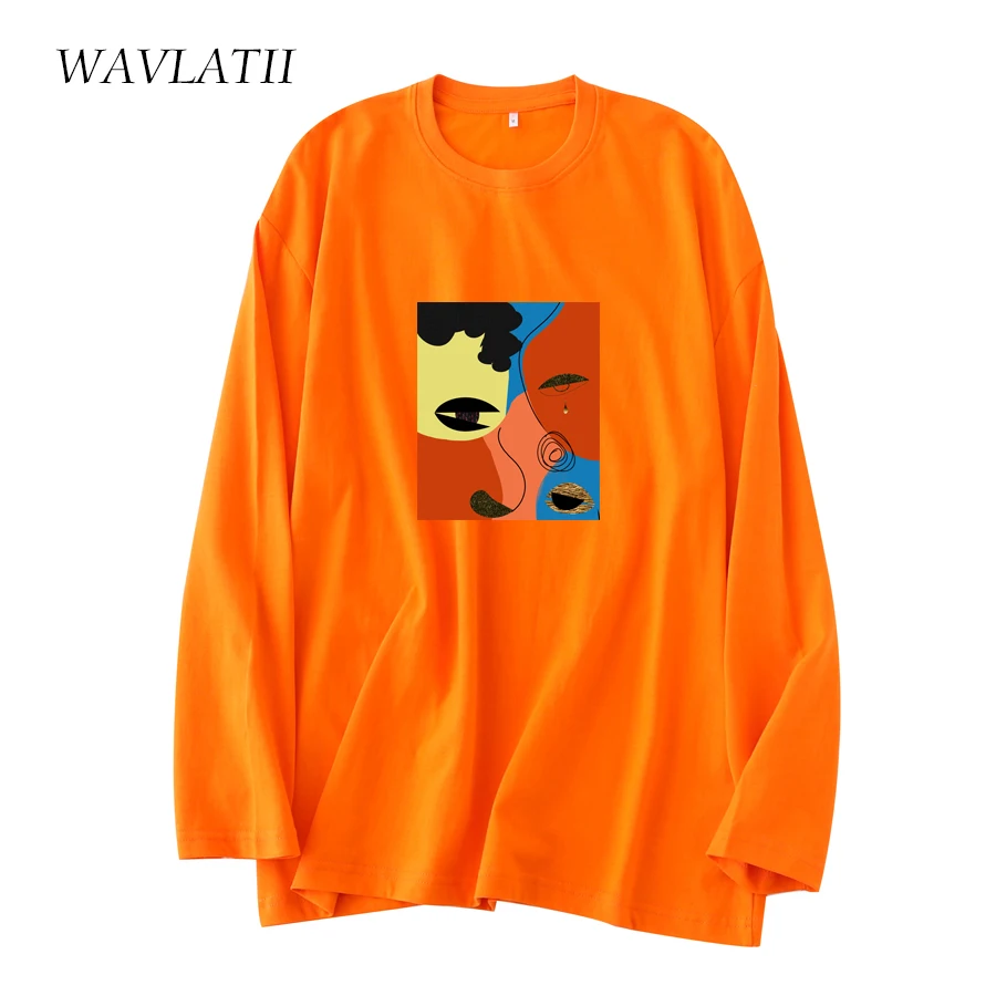 WAVLATII New Women Fashion Orange Long Sleeve T-shirts Female 100% Cotton Casual Spring Tees Lady O-neck Autumn Tops WLT2127