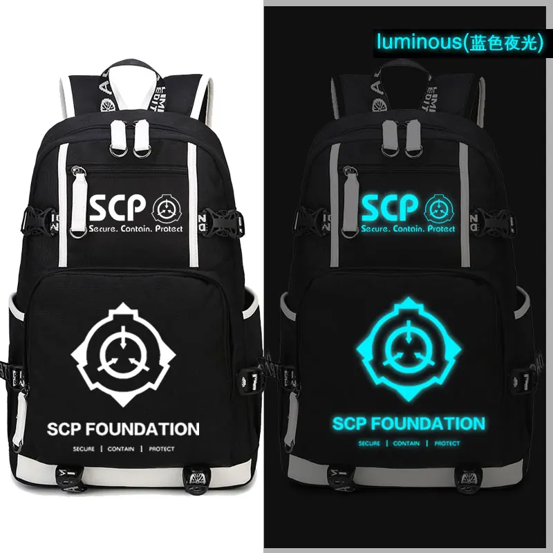 SCP Secure Contain Protect Backpack Black Bookbag Cartoon School Bags SCP  luminous Travel Bagpack USB Laptop Shoulder Bags