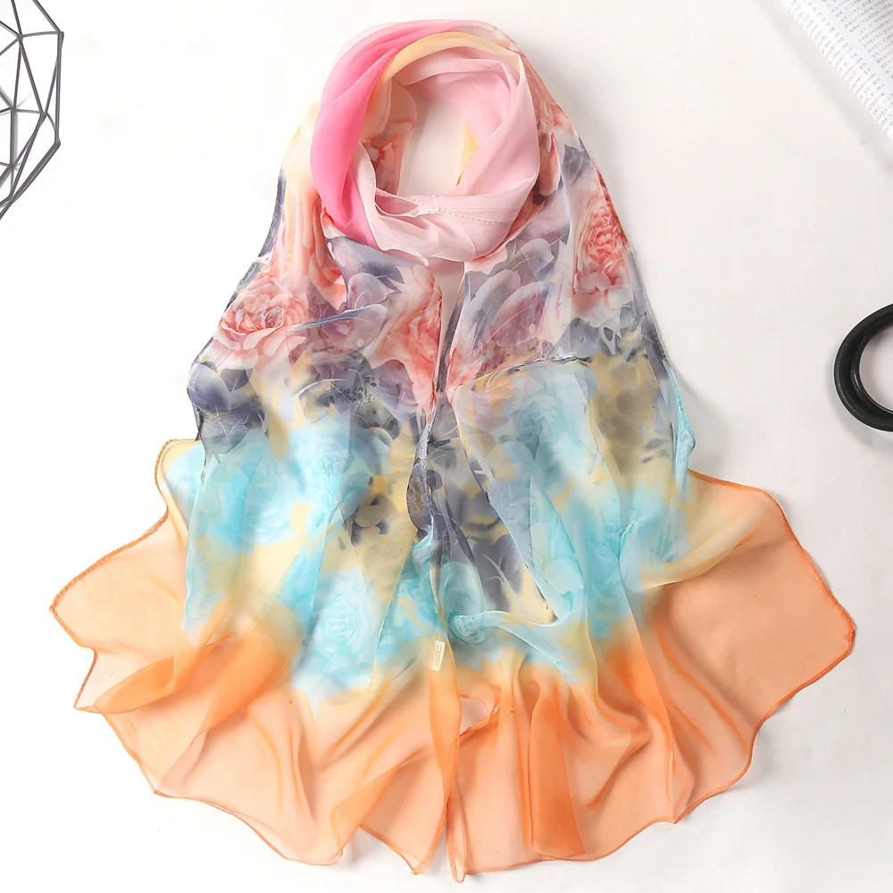 Four Seasons Thin Soft Georgette Chiffon Women Rose Flower Printing Beach Scarf Shawls Long Wraps Beach Sunscreen Hijab Foulard