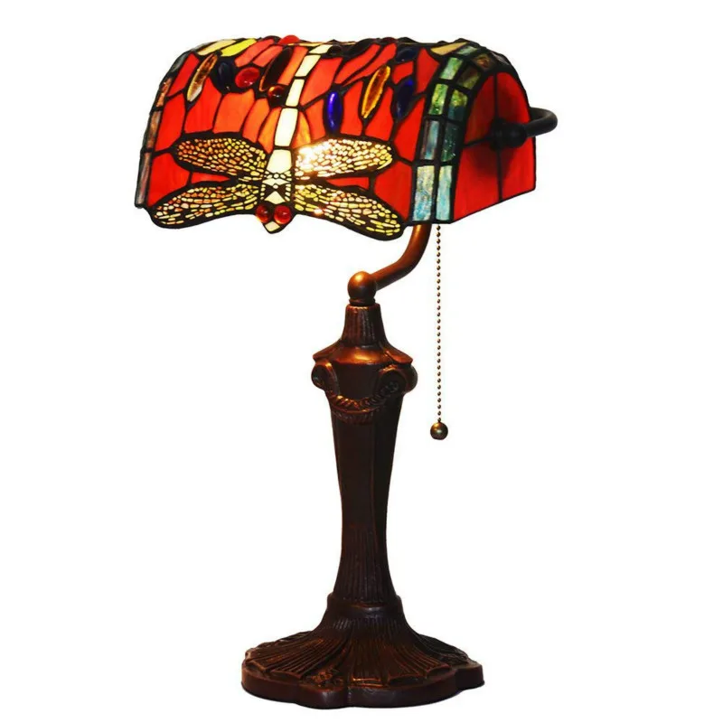 

10-inches Dragonfly Tiffany Style Stained Glass Banker Table Lamp with Zinc Base (Green/Red) Led Desk Lamp