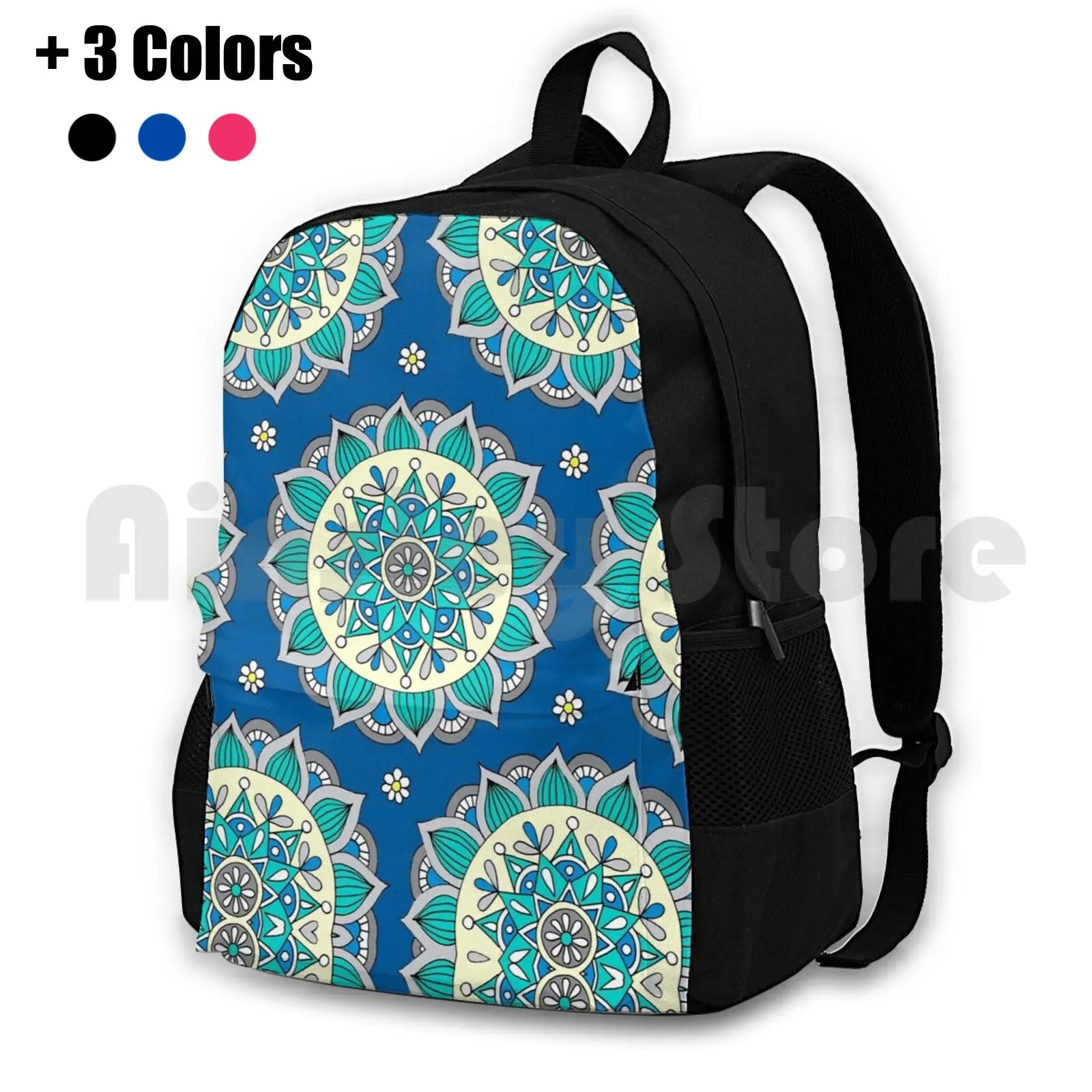 Blue & Cream Mandala Outdoor Hiking Backpack Riding Climbing Sports Bag Mandala Bohemian Pattern Boho Blue Aqua