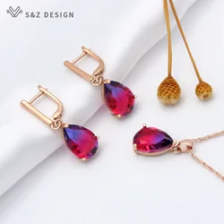 S&Z DESIGN New Fashion Rose Gold Color Water Drop Tourmaline Dangle Earrings Jewelry Sets For Women Party Pendant Necklace Gift