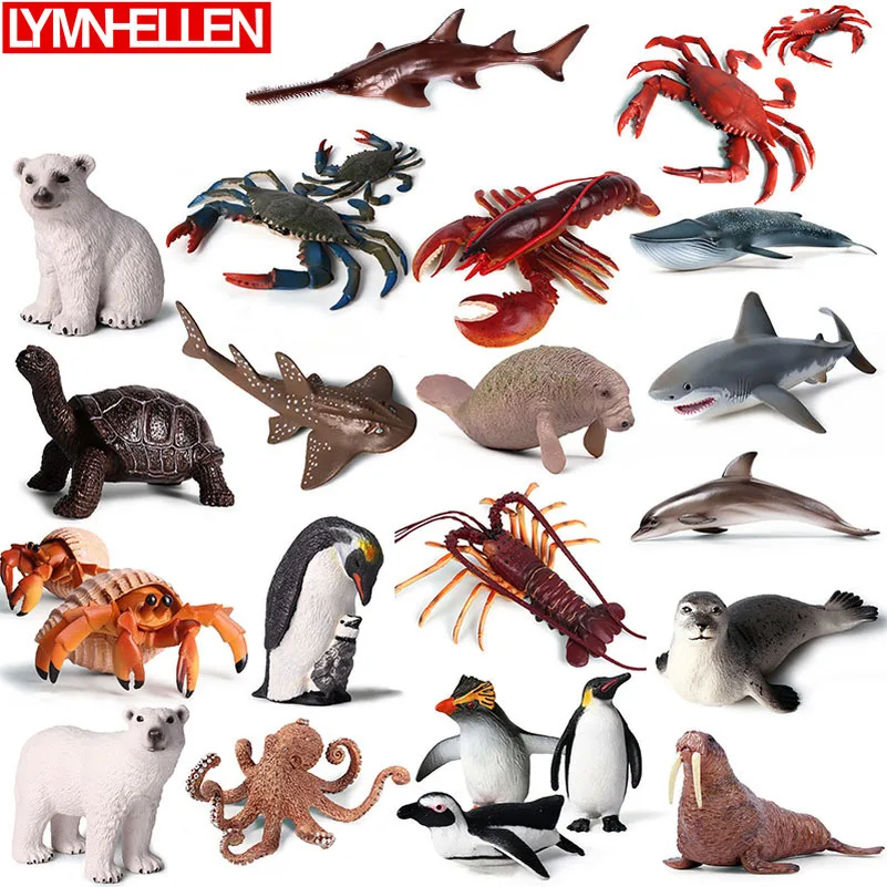 Marine Animal Shark Whale Dolphin Seal Sea Lion Polar Bear Penguin Hermit Crab Boston Lobster Tortoise Crab Model Children Toys