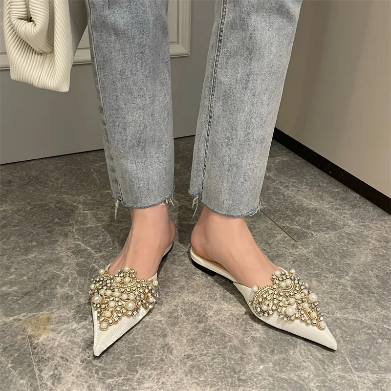 Pointed Toe Women Slippers Slides Lace Pearl Crystal Flats Heeled Black White Shallow Slip On Mules Shoes Slides Party Sandals