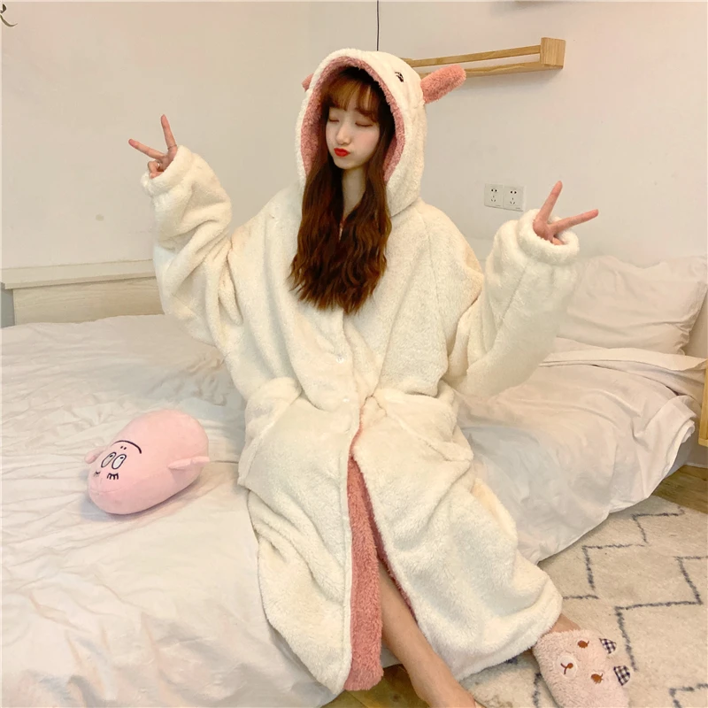 Autumn Winter Women Cute Pajamas Cartoon Ears Hooded Sleepwear Coral Fleece Lady Home Clothes Female Sweet Warm Lounge Pyjamas