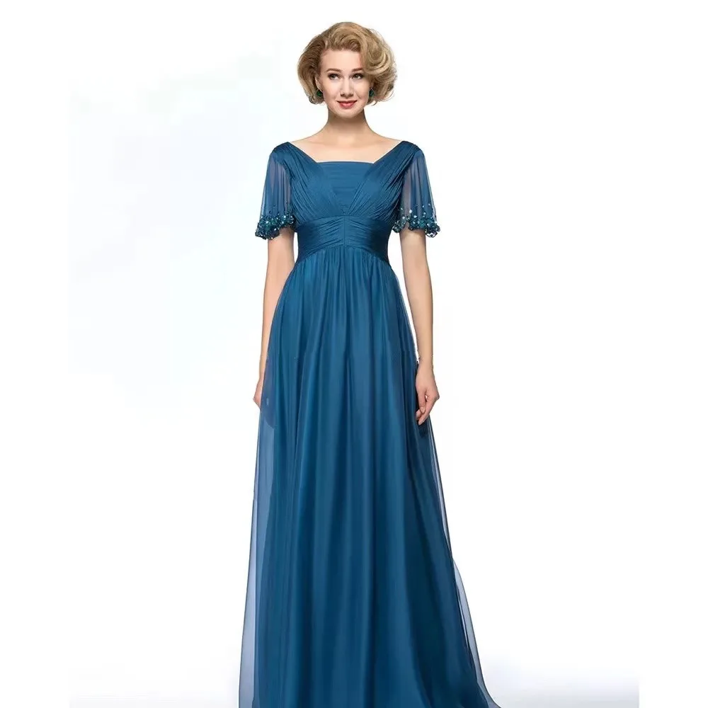 Mother of the Bride Dresses Blue Deep V-Neck High Waist Ruched Chiffon Full-Length Wedding Celebrity Gowns robe de soirée femme