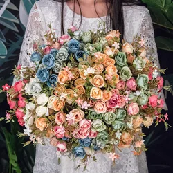 1 Bouquet 10 head Artificial Silk cloth Fake Flowers Leaf Peony Floral Home Wedding Party home Decor Blue Tea rose small bouquet