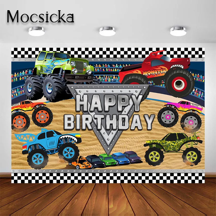 Mocsicka Monster Truck Backdrop Kids Racing Cars Grave Digger Boys Birthday Party Decoration Photography Background Photoshoot