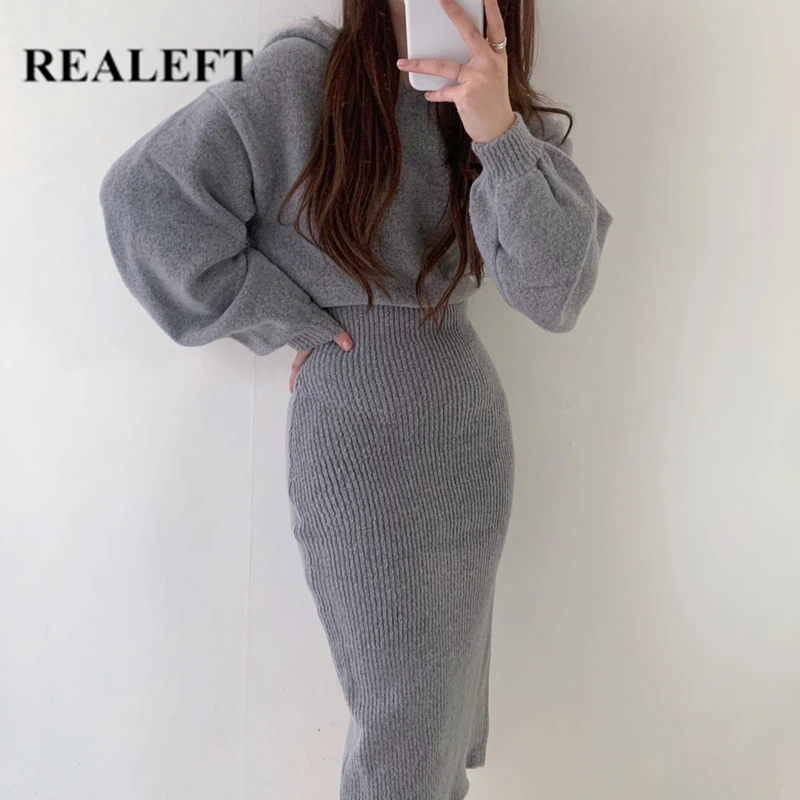 

REALEFT Autumn Winter Warm Hooded Knitting Wrap Dresses Womens Solid High Waist Puff Sleeve Sheath Midi Dresses Female 2021 New