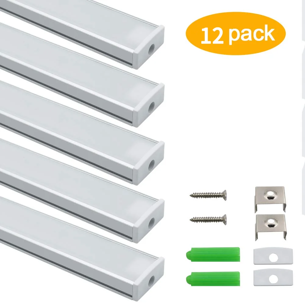 12Pack 3.3ft/1M Silver  LED Aluminum Channel U with Milky Cover, End Caps and Clips for LED Strip Light Installations