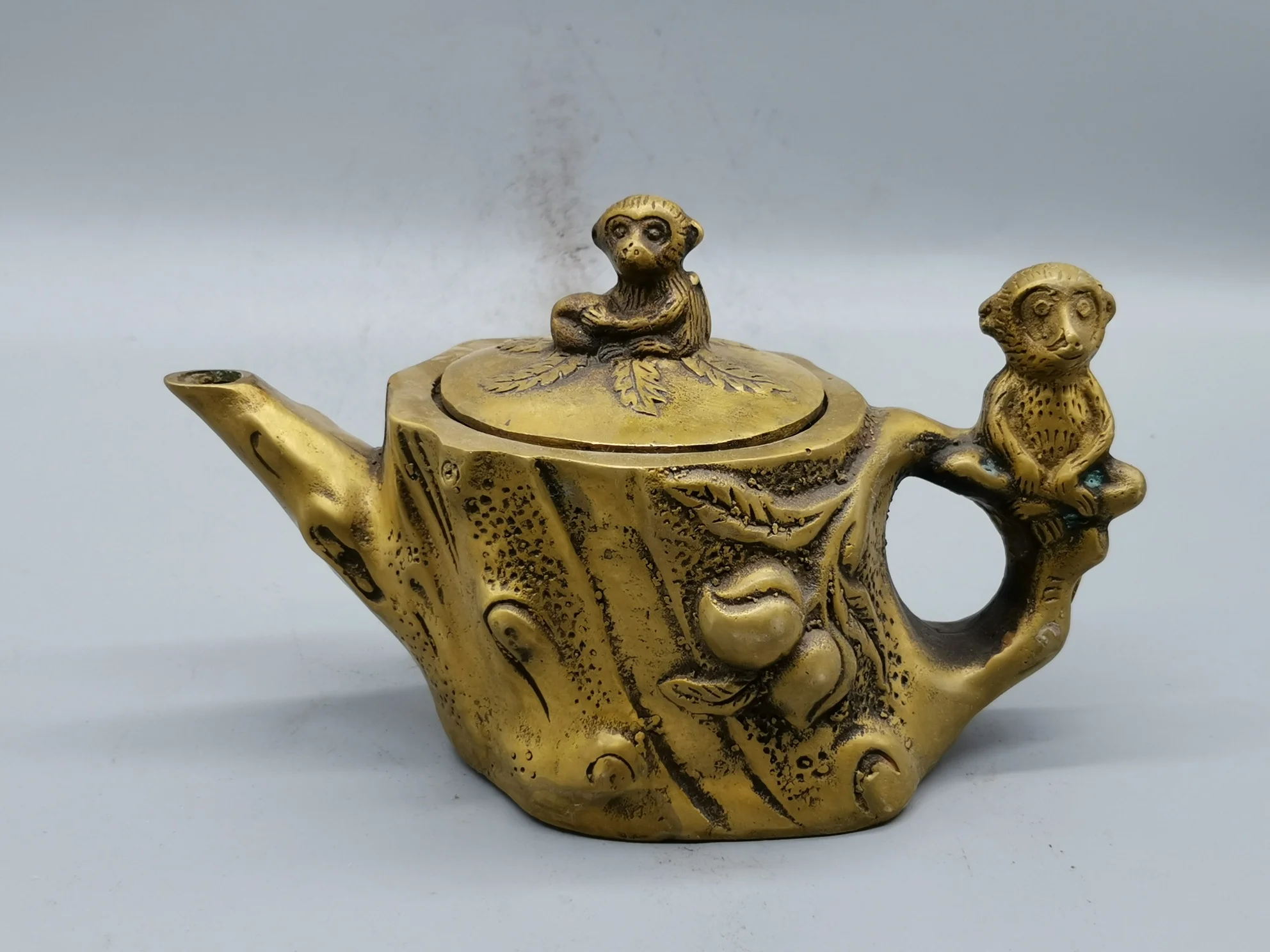 

Chinese Old Brass Casting Monkey Stump Teapot flagon w Xuande Marks