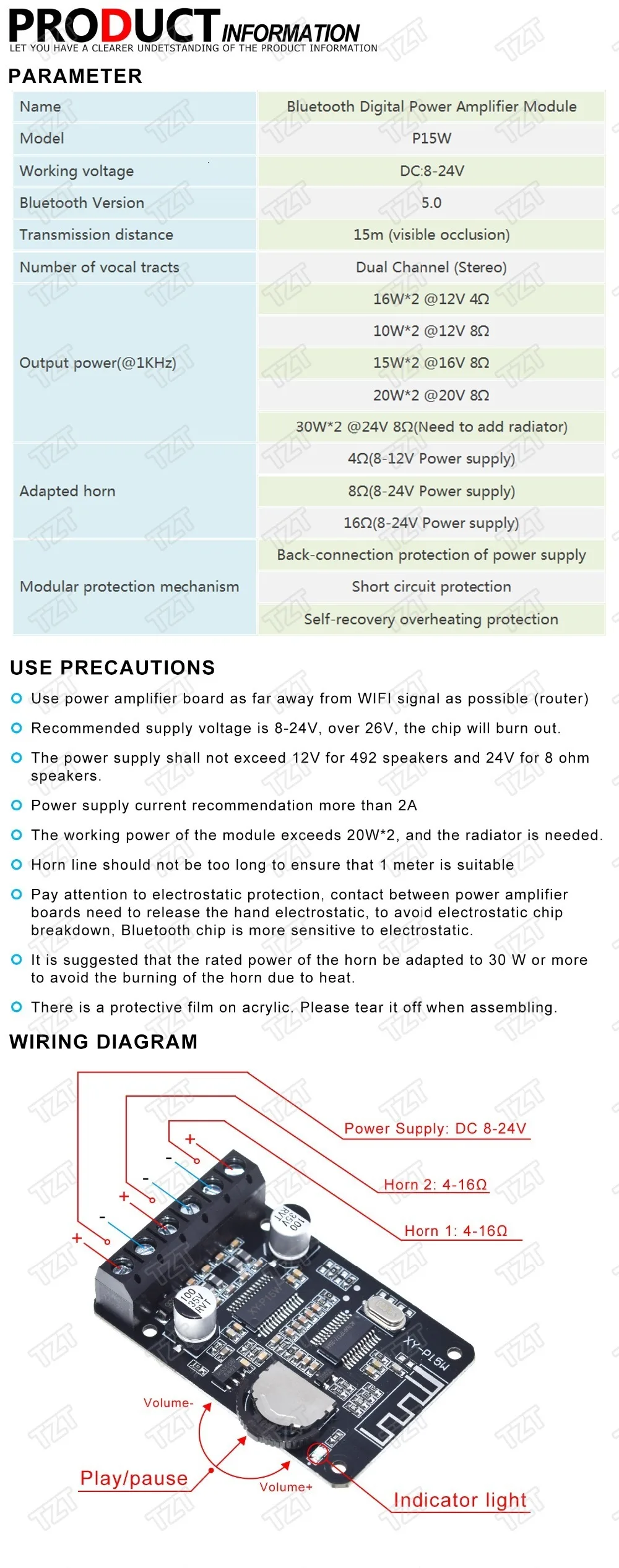 1/2/5 Stück XY-P15W 10W/15W/20W Stereo Bluetooth-5.0 Leistungsverstärker-Platine 12V/24V Hochleistungs-Verstärkermodul – Detail 1