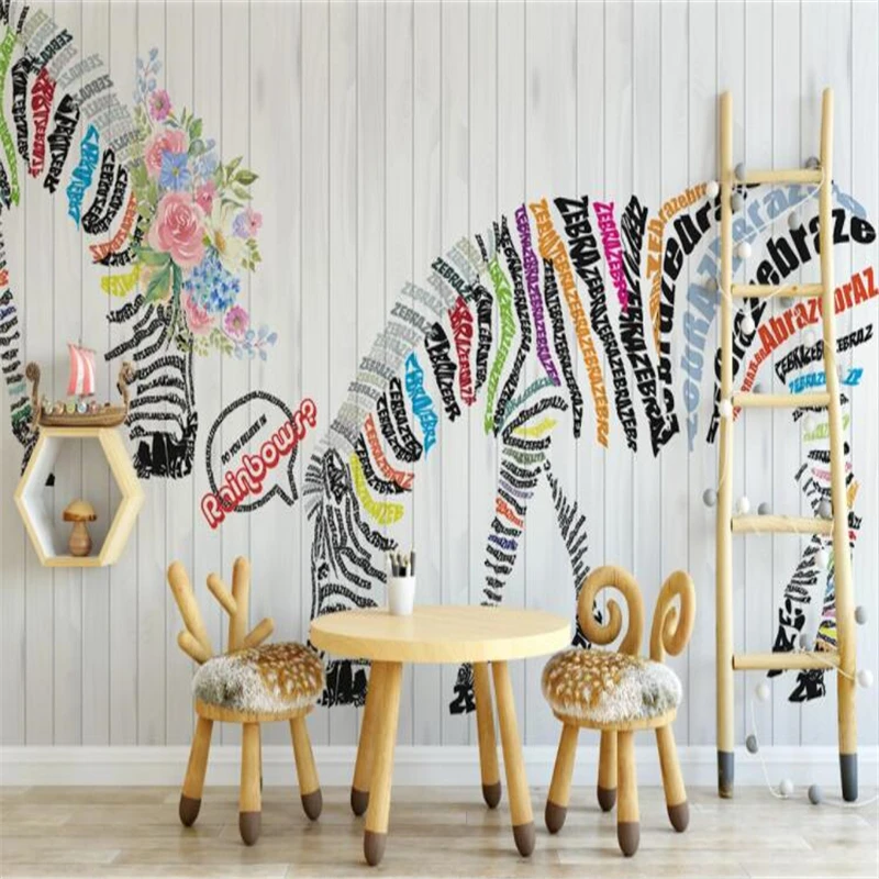 Custom Mural Wallpaper Abstract English Alphabet Zebra Flower Background Wall Painting