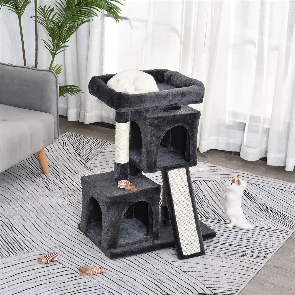 PawHut Cat Tree with Pods and Scraper Board Caves Soft Bed 59x39x83