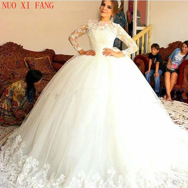 Vestido de novia con apliques de lujo, manga larga, encaje, romántico, elegante, Princesa, 2023