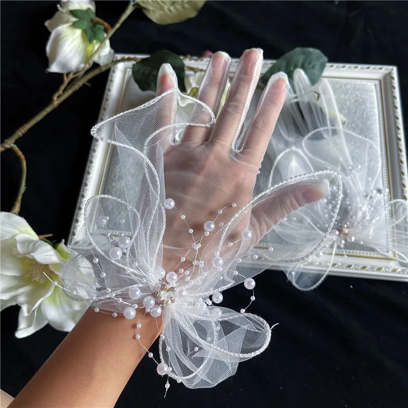 Wedding Gloves Transparent Gauze Bowknot Tulle Gloves Pearl Beaded Bridal Short Full Finger Dress Gloves Marriage Accessories