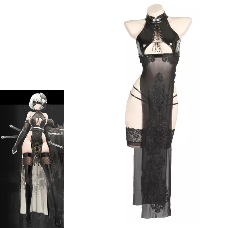 Anilv-traje de baño del juego NieR Automata 2B para mujer, traje de baño Sexy, traje de baño de cuello alto, conjunto de Cheongsam, Cosplay de Stcokings