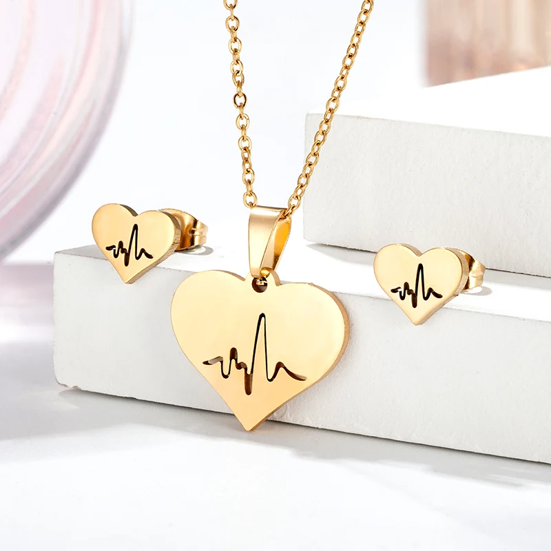 

jewellery set Stainless Steel Clavicle chain Heart ECG Necklace Earrings Women African Bridal Wedding Dubai Jewelry ear ring Hot