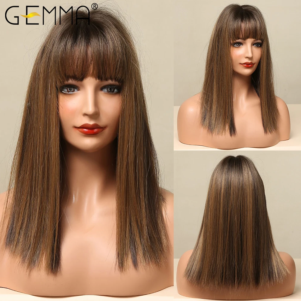 GEMMA Medium Straight Bob Synthetic Wigs with Bangs Ombre Black Dark Brown Honey Highlight Wigs for Women Heat Resistant Hair