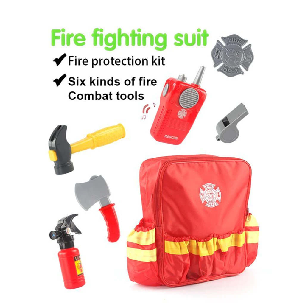 7 Pieces Cosplay Firefighter Costume Fireman Suit Enlightenment for Kids Halloween Dress Up with Backpack and Accessories