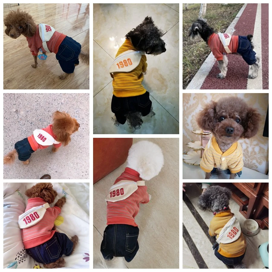 Snow Thicken Jacket For Small Dogs On Sale Puppy Cheap Stripe Pocket Suit With Denim Pant Pet Down Overalls Chihuahua Yorkshire