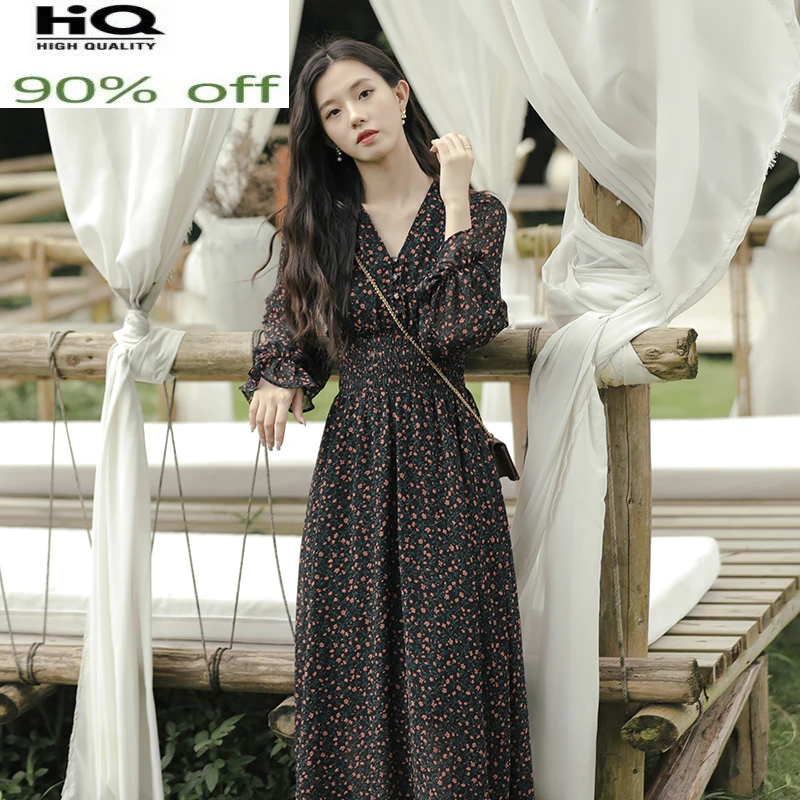 

High Quality Woman Dress Vintage Long Dresses for Women Korean Floral Dress Spring Autumn 2022 V-neck Vestido De Mujer Pph3080