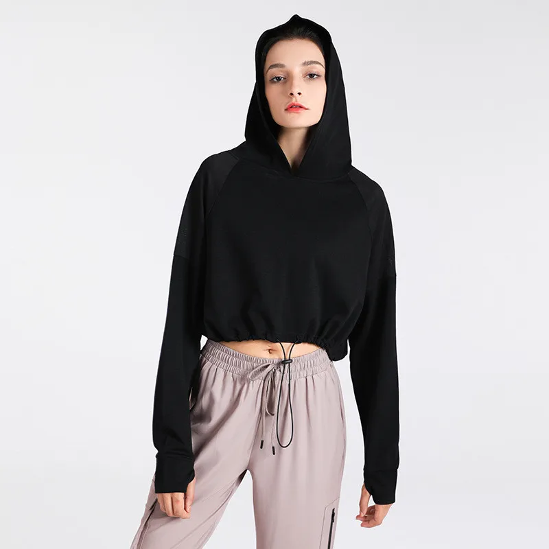 

Workout Running Casual Loose Crop Hooded Drop Shoulder Women Sport Fitness Athletic Crop Hoodies Vest Tops Thumb hole Breathable