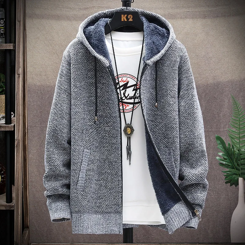 Autumn Winter Men's Sweaters Hooded Zipper Cardigan Korean Sweaters Jacket Fleece Lined Hoodies Windbreaker Coat