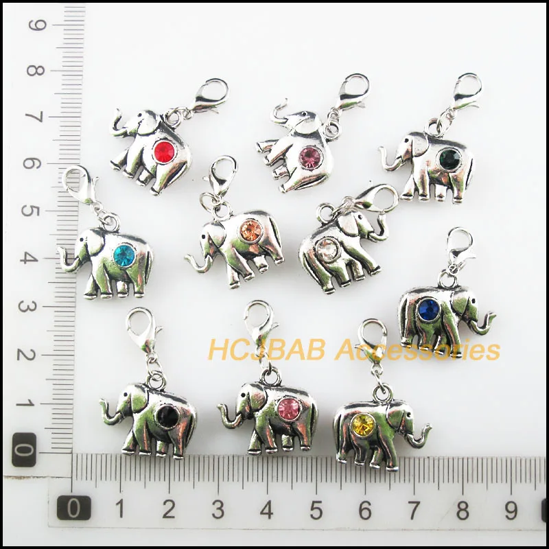 10Pcs Tibetan Silver Tone Elephant Retro Mixed Round Crystal 18x20.5mm With Lobster Claw Clasps Charms