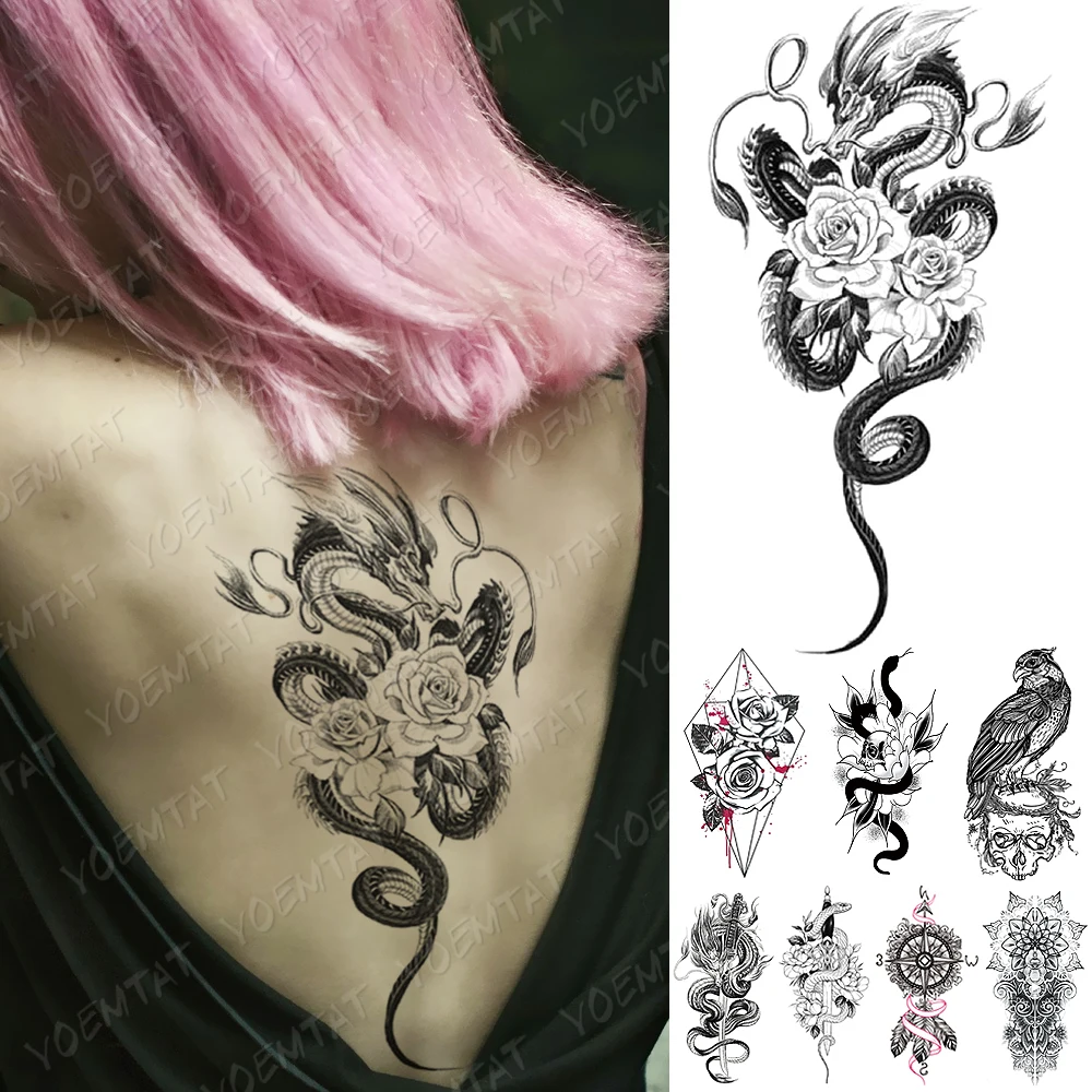 

Waterproof Temporary Tattoo Sticker Snake Dragon Rose Flower Flash Tattoos Eagle Skull Body Art Arm Fake Sleeve Tatoo Women Men