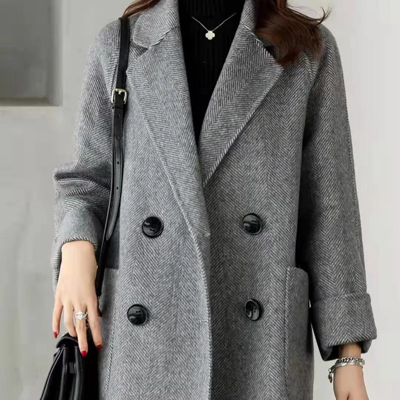 

Woman's Woolen Fabric Overcoat Long Outwear Cardigan Pocket Turn-down Collar Simple Solid Chic