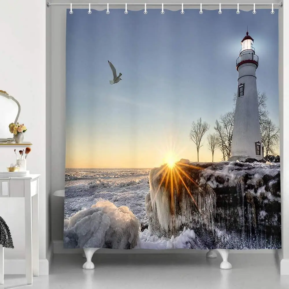 Lighthouse Bathroom Shower Curtains Nautical Ocean Waves Rocks Seaside in Sunset Fabric Bathroom Decor Bath Curtain with Hooks