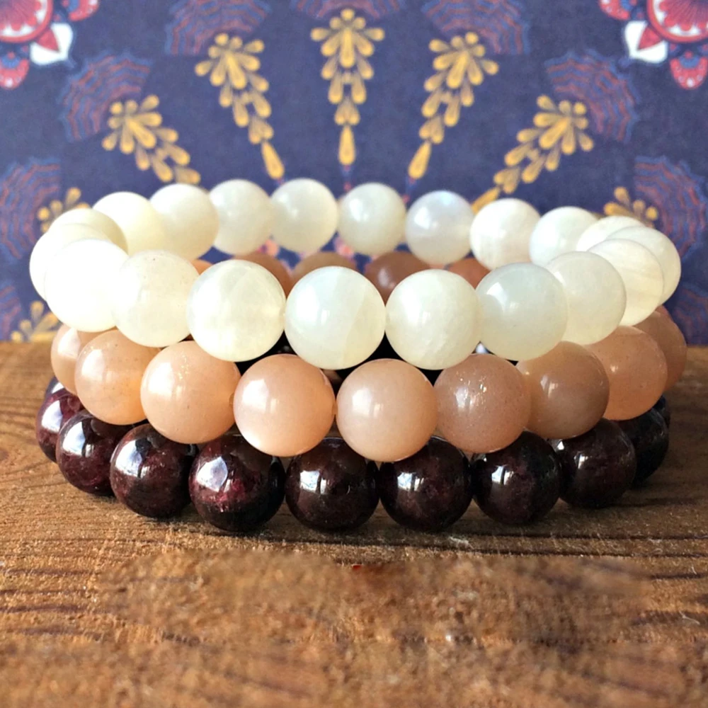 Wholesale AAA Grade Vata Dosha Gemstone Stack Bracelet Set High Quality Garnet Sunstone Moonstone Natural Stone Energy Bracelet