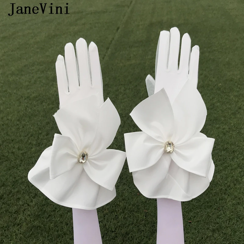 JaneVini 2021 Elegant Bridal Gloves with Big Bow Tulle Full Finger Short Evening Gloves Wrist Length Wedding Gloves Accessories