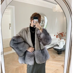 HDHOHR New 100% Natural Importe Mink Fur Coats 2024 winer Real Fox Fur Jackets Women Fashion Female Short Real Mink Fur Coat