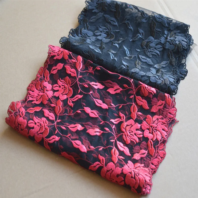 2Yds/Lot 22-24cm Wide Transparent Black Mesh Fluorescent Red,Black Flower Embroidery High Quality Lace Trim For Garments,Wedding