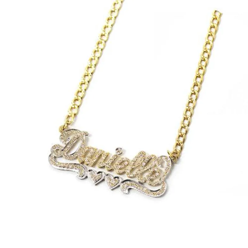 3UMeter Custom Name Necklace Custom double Color Personalized Stainless Steel Heart And Crown Nameplate Necklace For Women Gifts